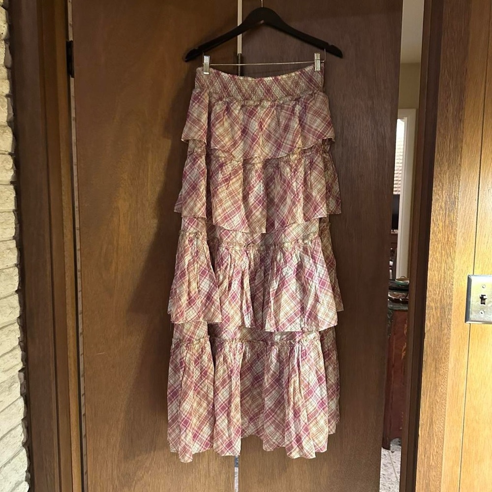 Free People Layered Tiered Maxi Long Gingham Plaid Skirt in Pink and Cream - Picture 2 of 7